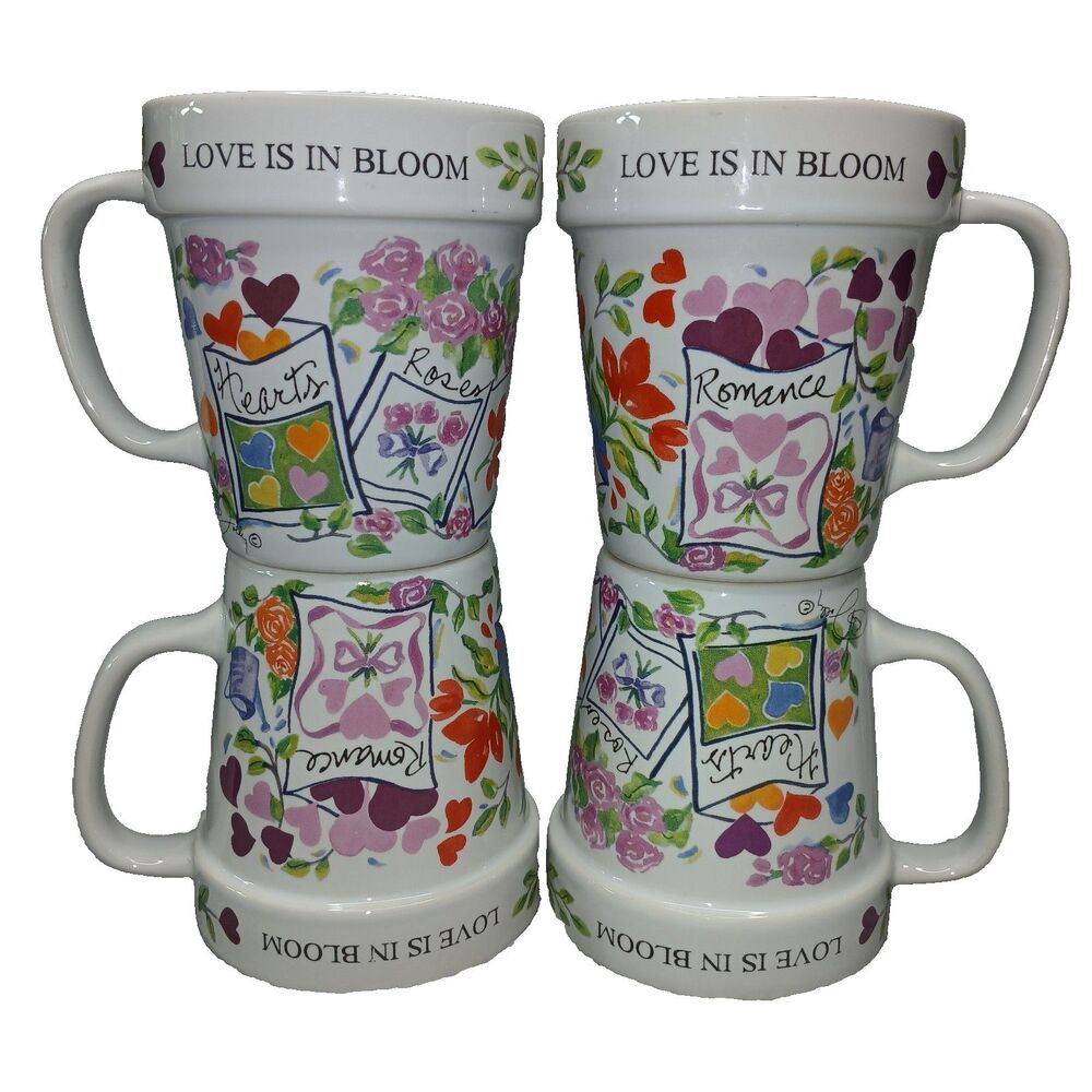 GiftCraft Katt Jolly Stanley Paper 4 Love is in Bloom Flowerpot Coffee Mugs VTG